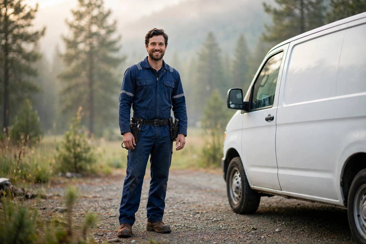 Illustrative photo: technician beside a service van at a rural property