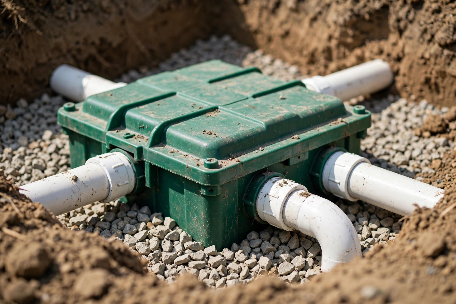 Septic distribution box with connected pipes in clean gravel — a common repair point