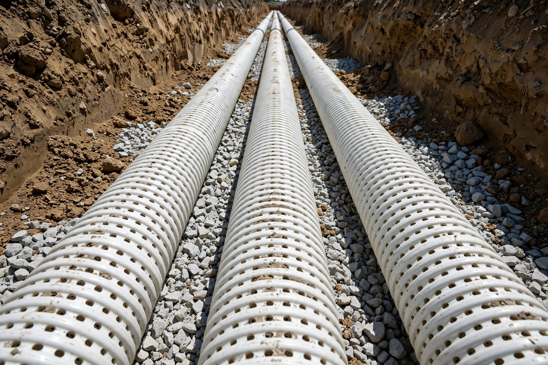 Perforated drain-field pipe laid in clean gravel