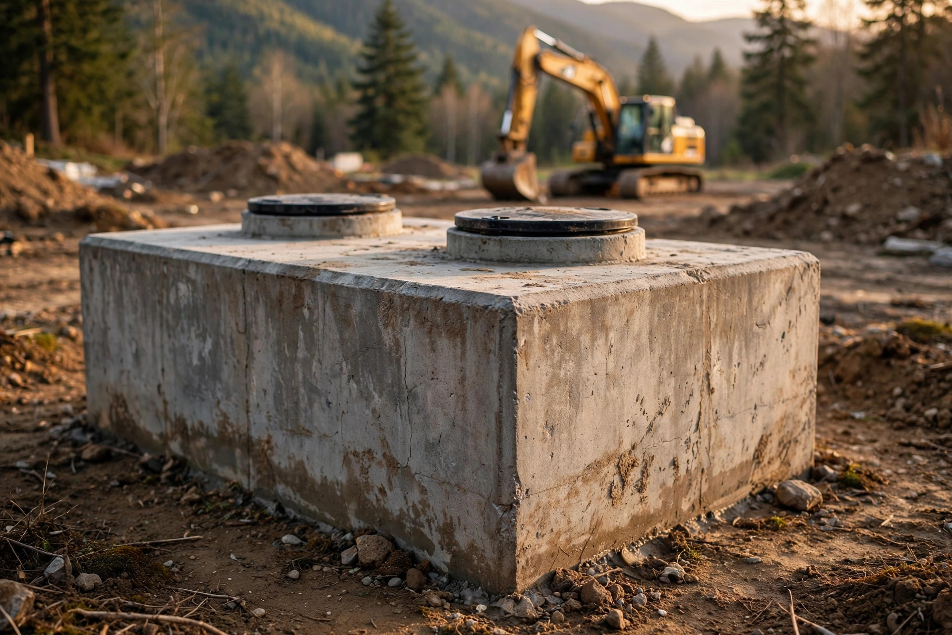 Concrete septic tank with access risers — the kind of system inspected before a sale