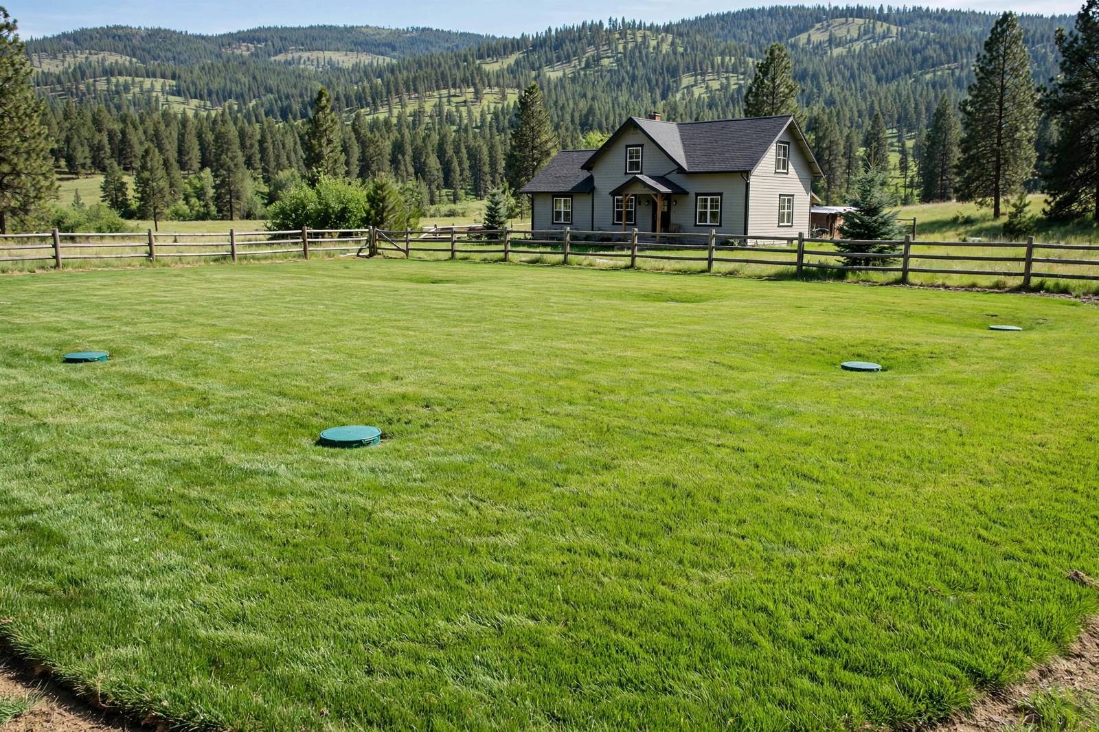 Finished septic drain field restored with fresh grass at an Okanagan rural home