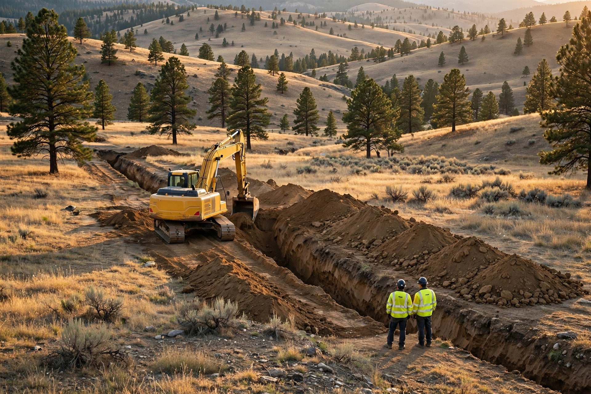 Excavator digging a drain-field trench on a rural Okanagan property