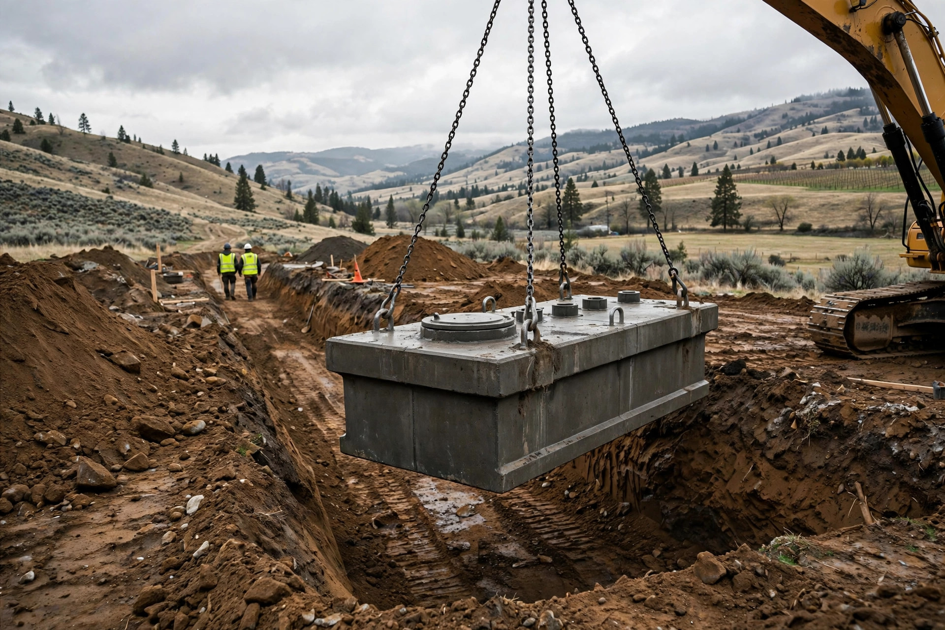 Concrete septic tank being lowered into a trench on a typical Okanagan installation