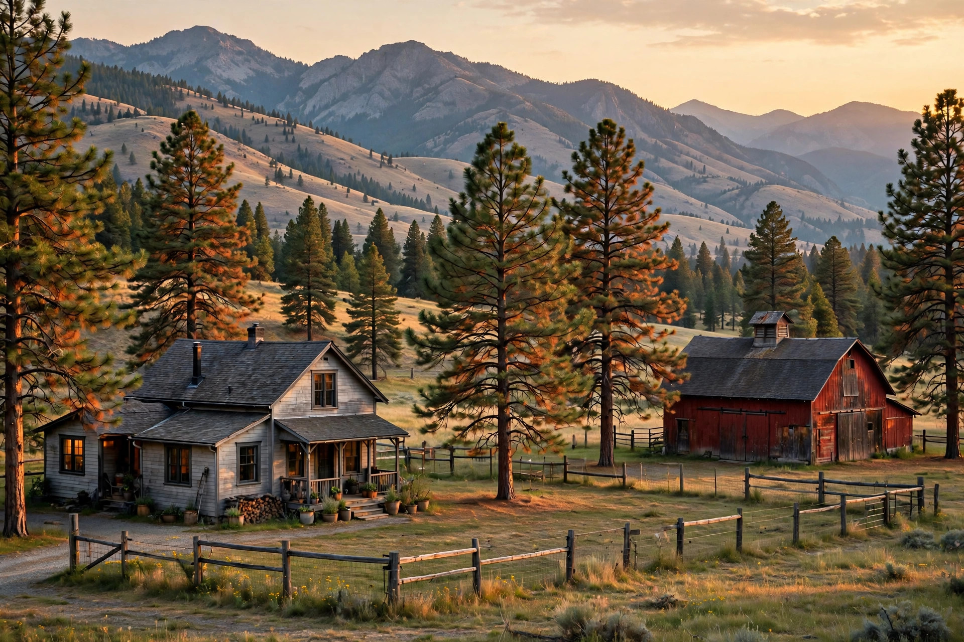 Rural Okanagan acreage with farmhouse, barn and mountains